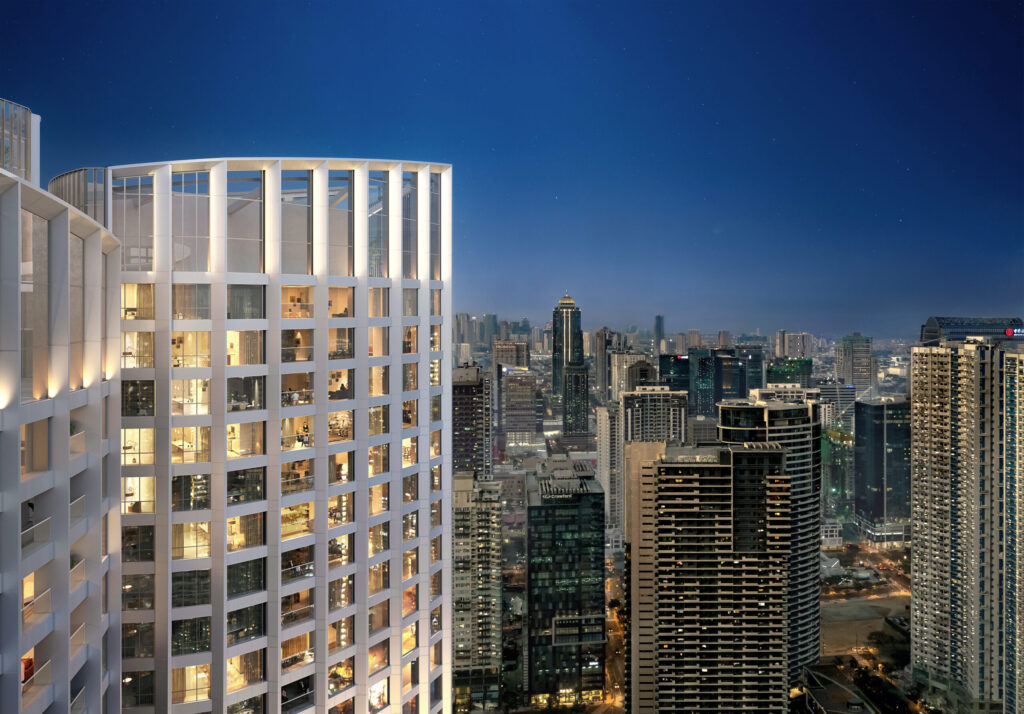 Buildings along the night skyline