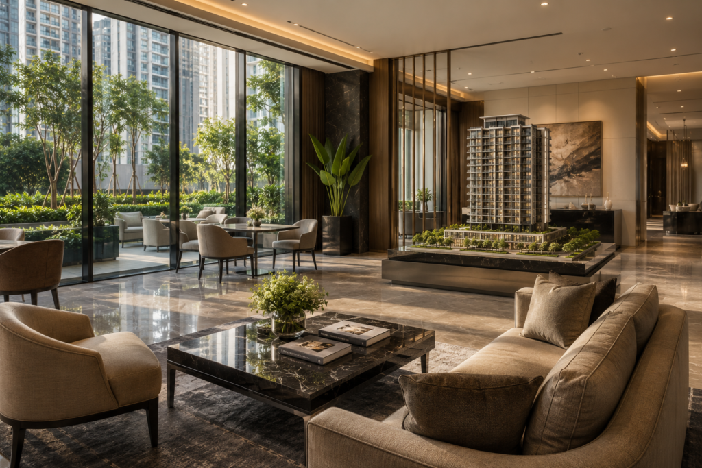 Luxury condominium sales gallery with a detailed architectural scale model, elegant lounge seating, floor-to-ceiling windows, and premium interior finishes showcasing a high-end residential development.