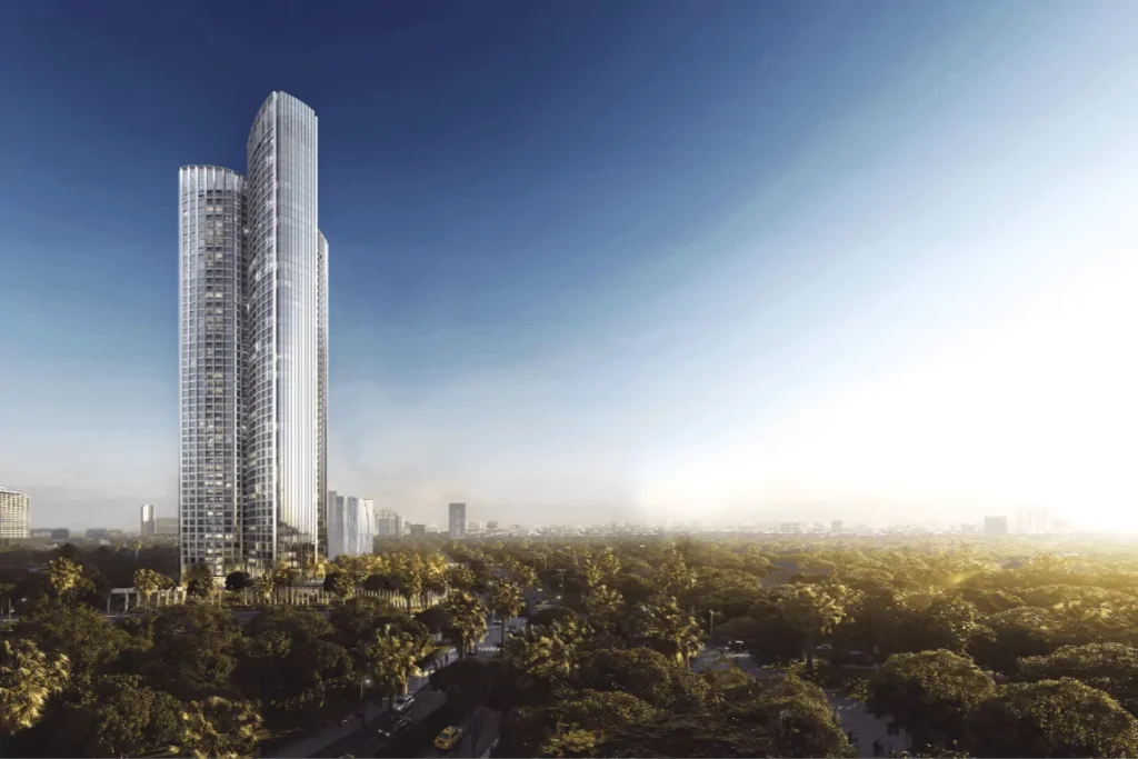 Artist’s rendering of a landscaped swimming pool and lounge area surrounded by modern residential towers