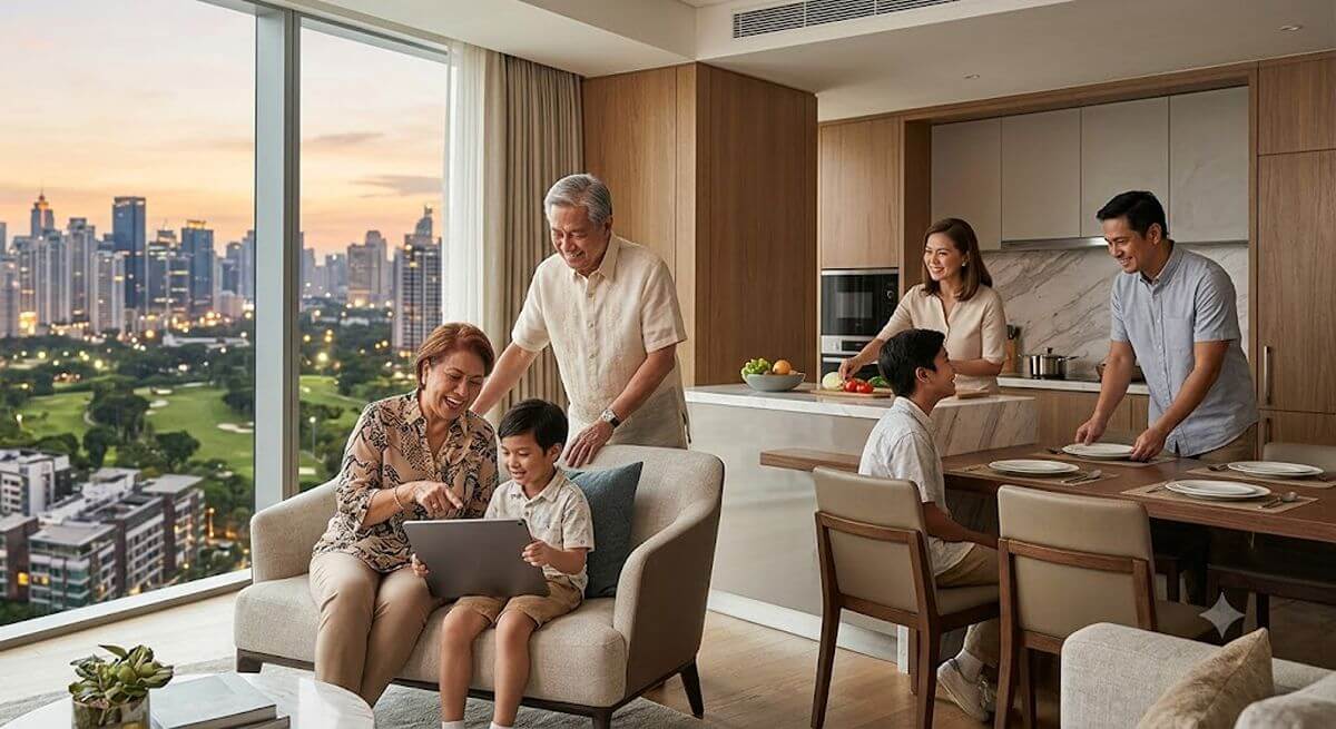 A photograph of three generations of a Filipino family smiling and laughing together in a luxury, modern condominium living room overlooking a city skyline at sunset.