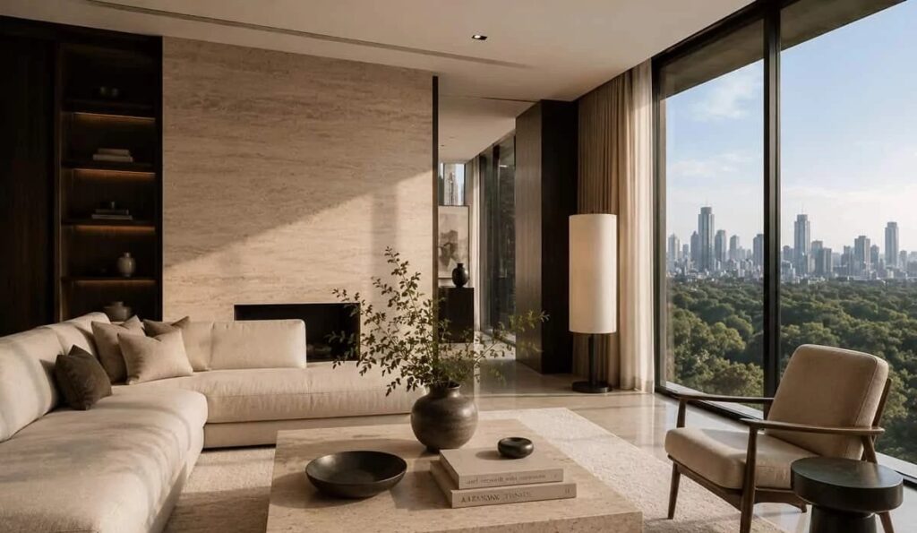 Spacious modern living room with an L-shaped sofa, floor-to-ceiling windows, and views of greenery and the city skyline