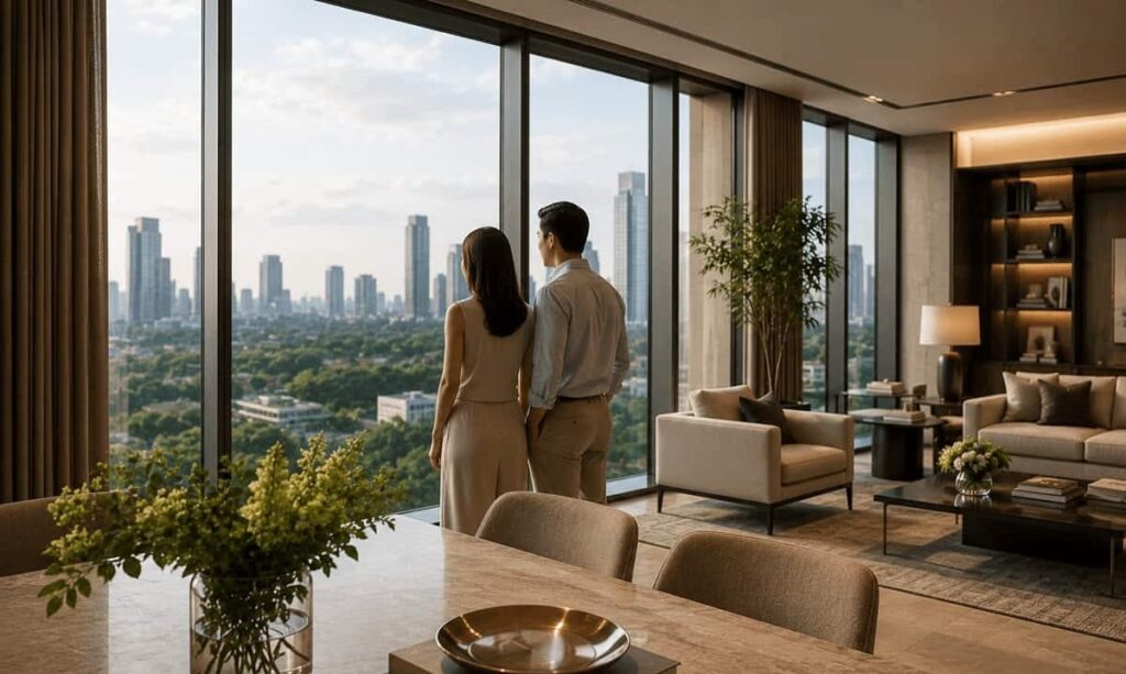 Couple overlooking the city skyline from a sophisticated high-rise residence with floor-to-ceiling windows and elegant furnishings