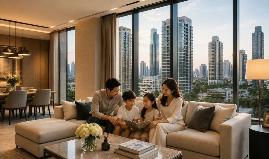 Family of four spending time together in a modern high-rise condominium living room overlooking the city skyline