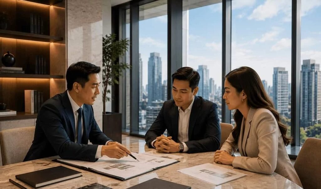 Real estate adviser reviewing property documents with two clients in a high-rise office overlooking the city