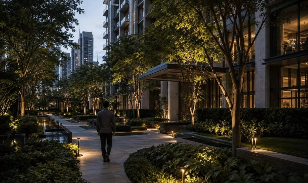 Resident walking along an illuminated landscaped pathway between condominium buildings at dusk