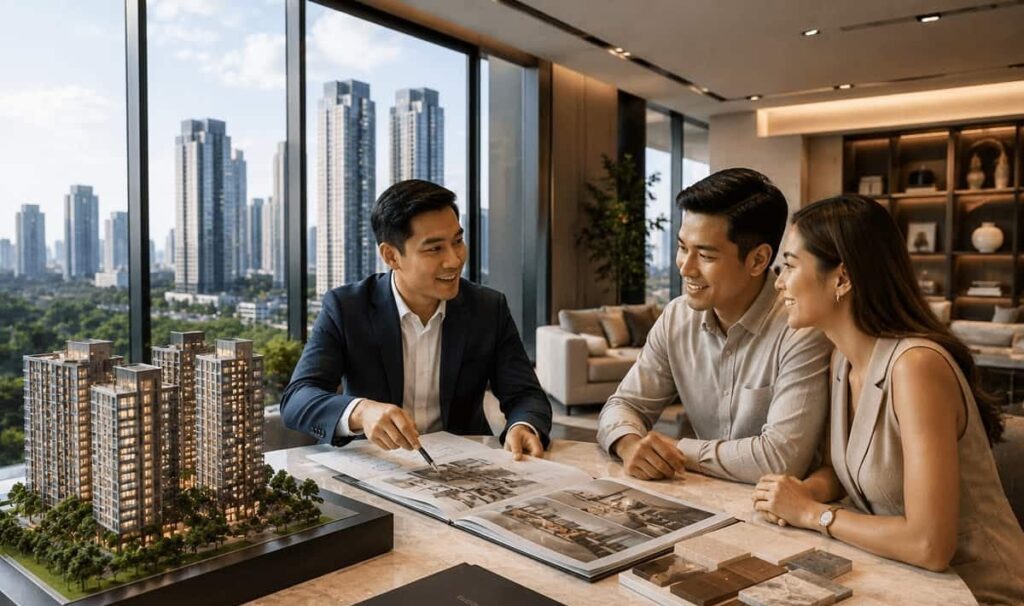 Real estate adviser discussing a condominium scale model and property plans with a couple in a high-rise sales suite