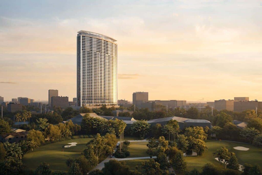 Luxury high-rise condominium overlooking a green golf course and city skyline, highlighting a prime Shang Properties location