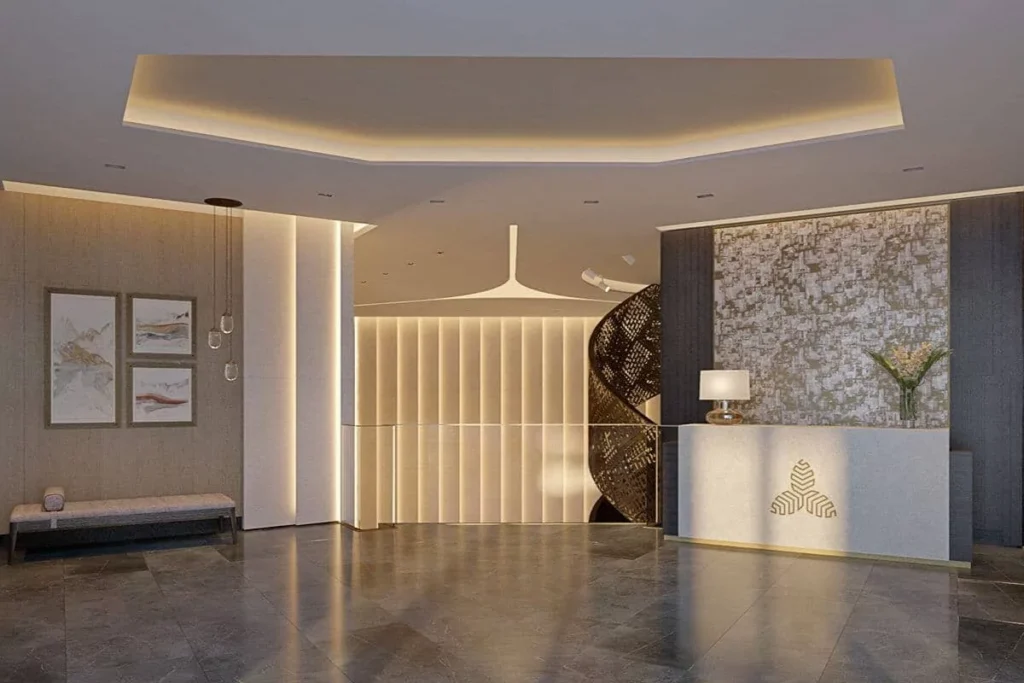 Elegant luxury condominium concierge area with refined interiors, soft lighting, and a reception desk for personalized resident service