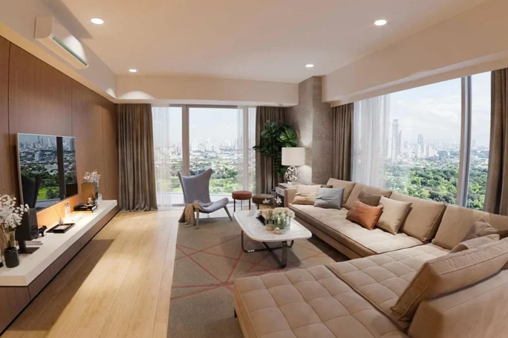 Spacious luxury condominium living room with floor-to-ceiling windows, city views, refined furnishings, and elegant contemporary interiors.