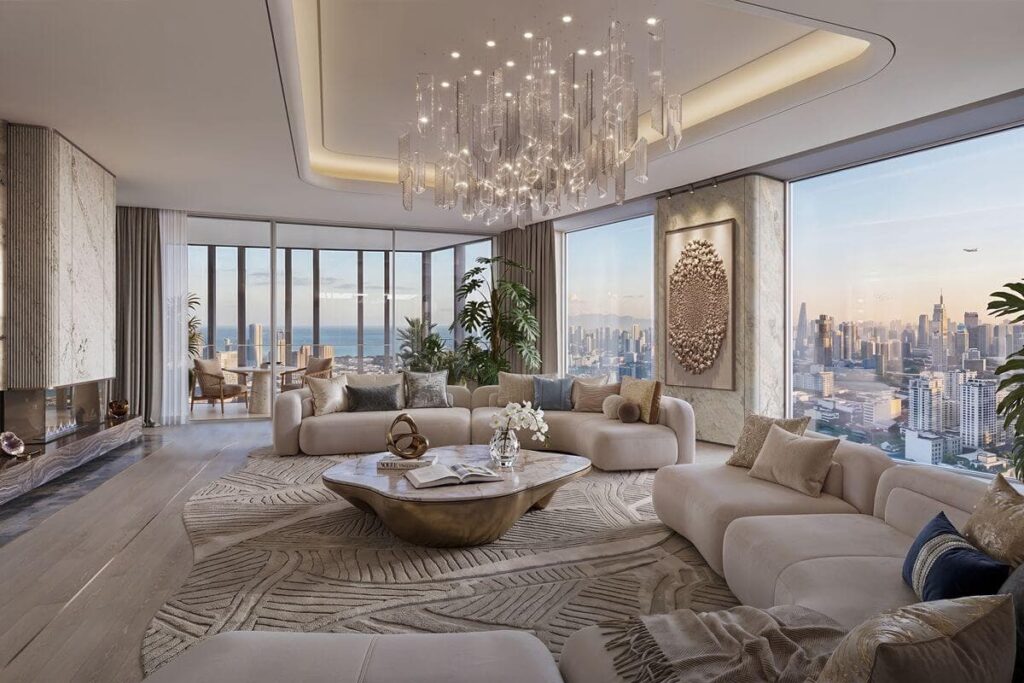 Spacious luxury living room with panoramic city views, elegant furnishings, and refined contemporary interiors