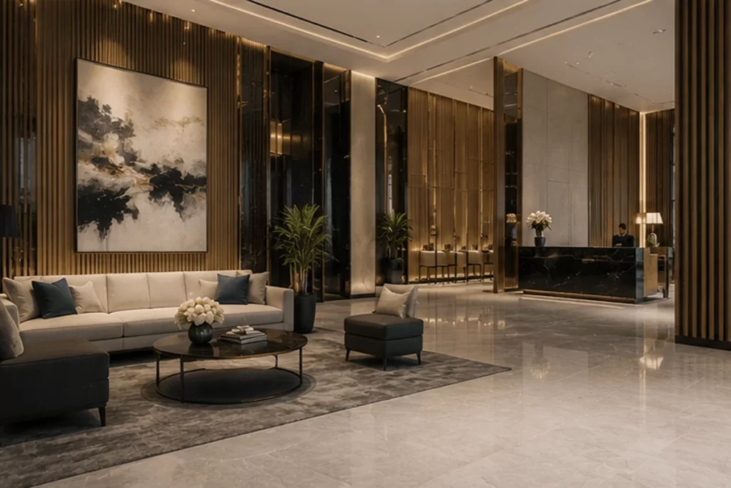 Spacious luxury condominium living and dining area with contemporary furnishings and floor-to-ceiling city views