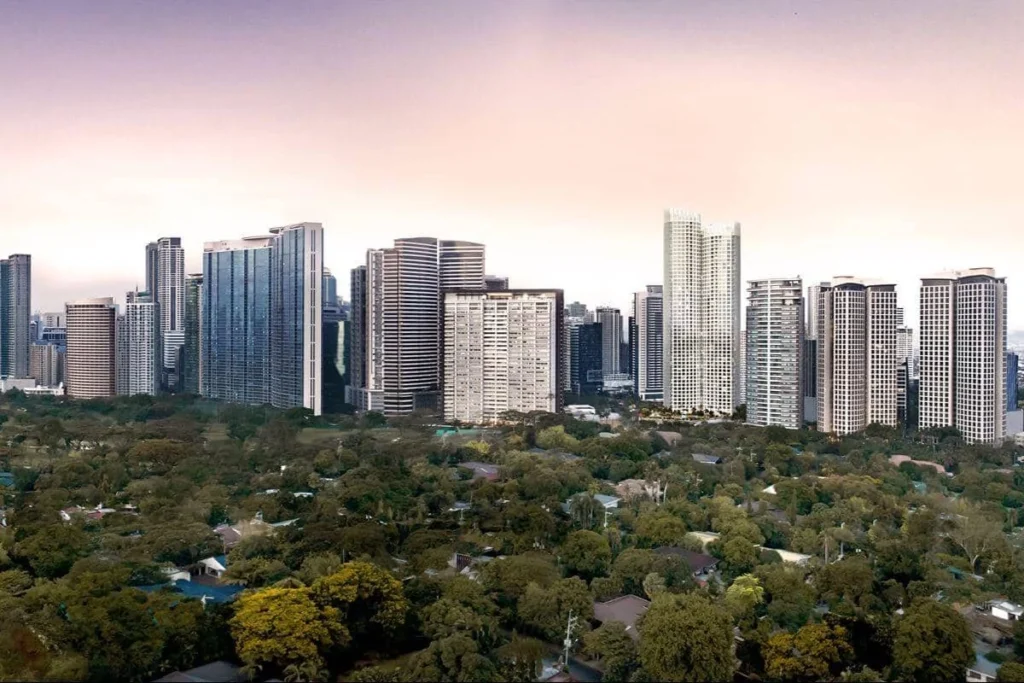 Bonifacio Global City skyline with modern high-rise buildings overlooking a large green residential area